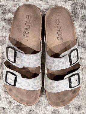 Corkeys Boutique Silver Leopard Print Double Buckle Slide Sandals